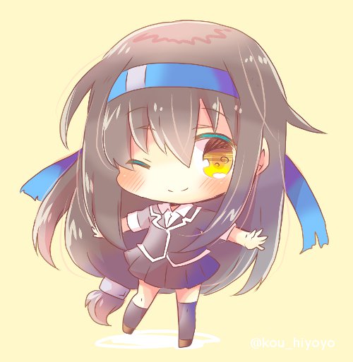 hatsushimo (kancolle) 1girl solo long hair one eye closed skirt chibi pleated skirt  illustration images