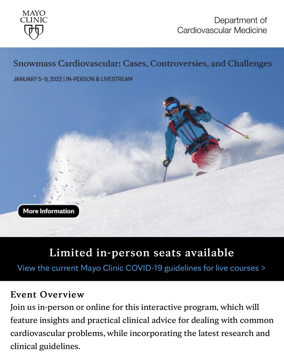 Make plans now for this interactive in-person and livestream program at my favorite ⛷ resort! Great practical, evidence-based contemporary strategies in general cardiology. Jan 5-9, 2022. Course directors Drs ⁦⁦@KyleWKlarich⁩ and Carole Warnes.🎿🏔