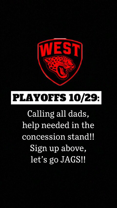 BVWestDads's tweet photo. Playoffs this Friday!!!!
Calling all dads!!  Help needed the concession stand. Signup below. LETS GO JAGS!!!! https://t.co/8Fi6P9YL8P https://t.co/ZGULHr81s2