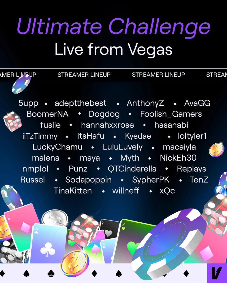 Ultimate Challenge: Live from Vegas

Streamer Lineup

@5uppps
@adeptthebest
@AnthonyZ1O
@AvaGG
@BoomerNA
@dogdog
@FoolishGamers_
@fuslie
@hannahxxrose
@hasanthehun
@iiTzTimmy
@itshafu
@kyedae
@loltyler1
@LuckyChamu
@LuluLuvely
@macaiyla
@malenatudi
@mayahiga6
@NickEh30
@nmplol
@Punztw
@qtcinderella
@Replays
@Sodapoppintv
@SypherPK
@TenZOfficial
@TheWillNeff
@TinaKitten
@TSM_Myth
@TwitchRussel
@xQc
