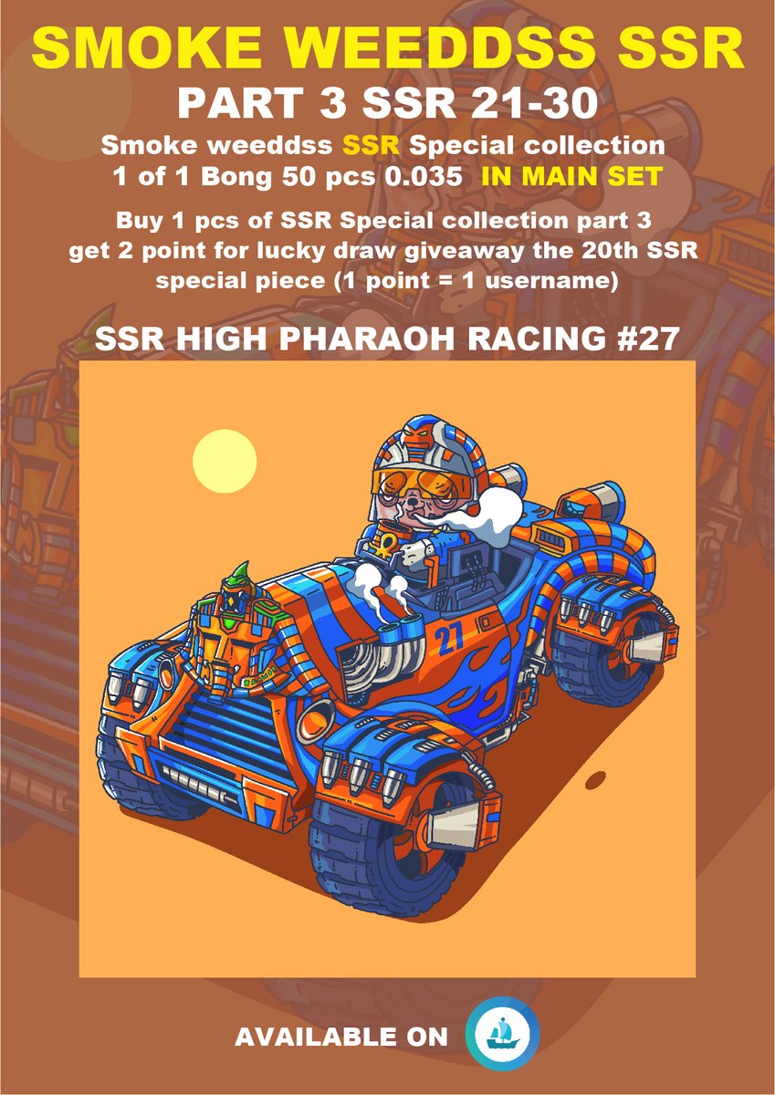 SWeeddss's tweet photo. SMOKE WEEDDSS SSR HIGH 50pcs PART 3 #21-30
SOLD 26/50 

SSR HIGH PHARAOH RACING #27
SSR HIGH KING YETI #28

AVAILABLE OPENSEA
https://t.co/Y1Efg61tUg

#nftcollector #NFTCommunity #NFTdrops #OpenSeaNFT https://t.co/BLUMdl8iK5