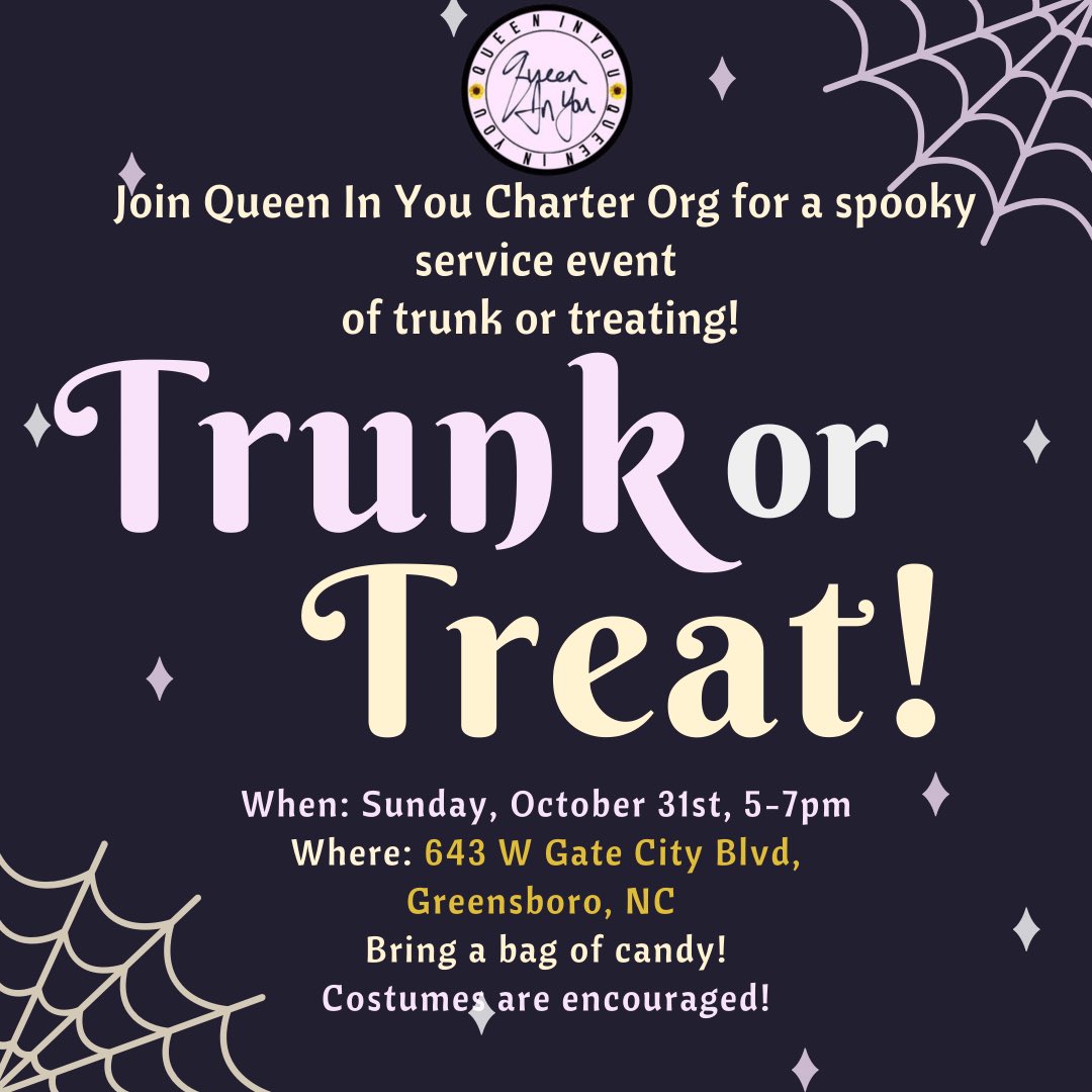 QIYorgcharter's tweet photo. 🚨 LOCATION UPDATE 🚨

Trunk or Treat! Meet us at 643 W Gate City Blvd on Sunday, Oct. 31st from 5-7! 🧡 Bring a bag of candy AND wear a costume for a little razzle dazzle! 🎃 https://t.co/LHrVwIrF8r