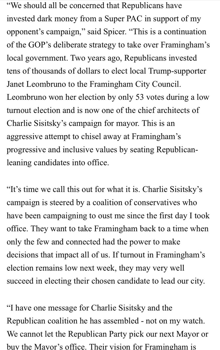 lisakashinsky's tweet photo. In response to this, Democratic Framingham Mayor Yvonne Spicer, who finished significantly behind her PAC-backed challenger Charlie Sisitsky in the prelim, says in a statement “we cannot let the Republican Party pick our next mayor or buy the mayor’s office.” #mapoli https://t.co/eJLnsMIGEl