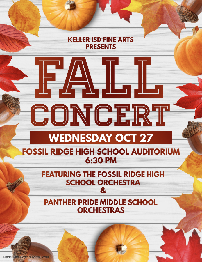 Don't miss the Orchestra Fall Concert on October 27th.  <a href="/ridgepanthers/">FRHS Panthers</a> at 6:30 pm! #fossilhillnation <a href="/KellerISD/">Keller Schools</a>