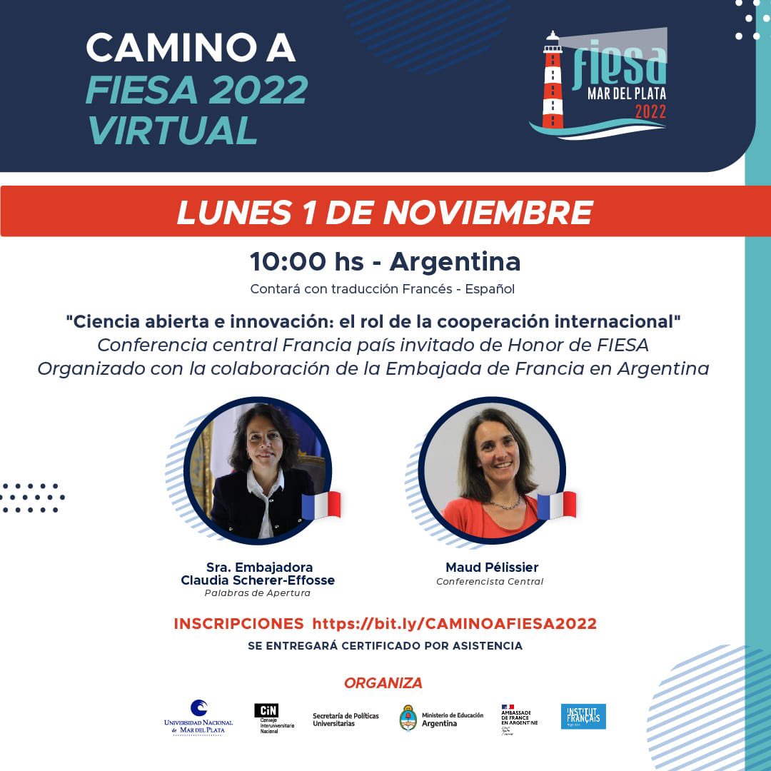 Acompañanos el lunes 1 de noviembre en nuestra primera conferencia de CAMINO A FIESA 2022. 
👉🏼Francia🇫🇷 país invitado de honor de FIESA. 
👉🏼Hora: 10 hs de Arg.
INSCRIPCIONES: bit.ly/CAMINOAFIESA20…

#FIESA #CAMINOAFIESA2022 #EducacionSuperior #internacionalización