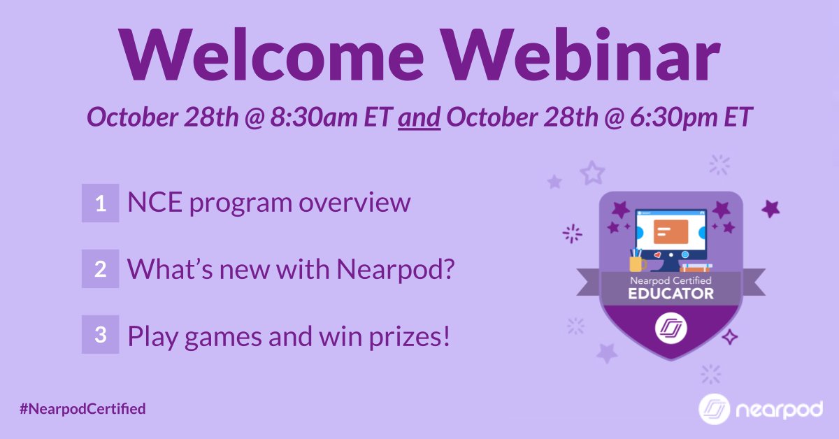 nearpod's tweet image. Are you a #NearpodCertified Educator or want to be? ✨👀 Join us October 28th for our NCE Welcome Webinar to get exclusive new updates about our program &amp;amp; a chance to win awesome prizes! 

Save your spot 👇 

8:30am ET: bit.ly/311FKr5

6:30pm ET: bit.ly/2XMakDO