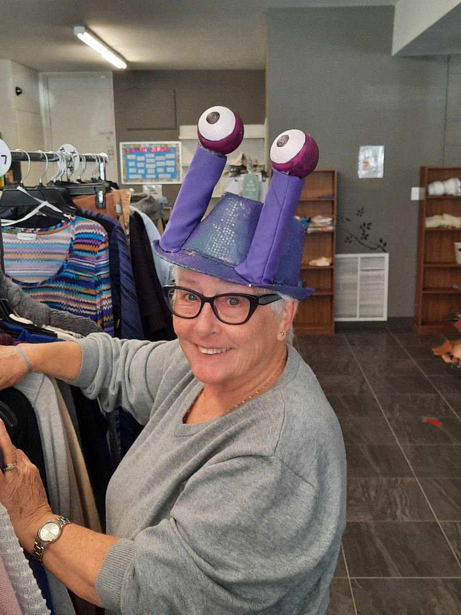 maycourtwindsor's tweet photo. Our volunteer, Linda, is getting into the Halloween spirit.  Come in and check out our selection of costumes.  #halloween2021 https://t.co/CgFfgVvVKR