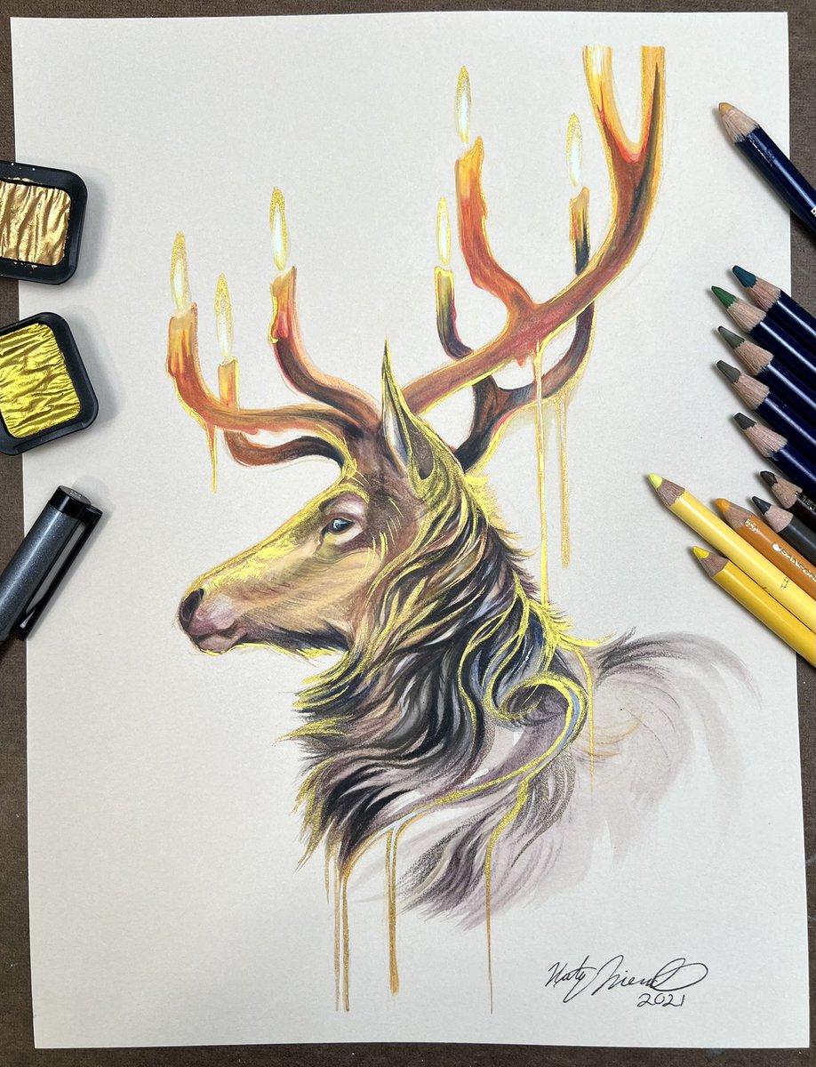 Katy_Lipscomb's tweet photo. Candle Stag; I’ve drawn a lot of iterations of this guy over the years, and this one on toned paper is my latest just in time for spooky season! 
.
.
#derwent #inktense #traditionalart #coloredpencil #candle #stag #fantasyart #creaturedesign https://t.co/Vl5KgvgT2Y