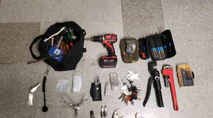 BandEAtoZ's tweet photo. Sparkplugs are infamous for autos but could just as easily be your business back window. Some janky lockpicks, but I spy a Traveler Hook. Easily top 2 tool on every #LockBypass list. https://t.co/UasXDOBEdR