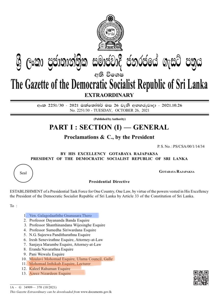 A convicted criminal heads 🇱🇰 all male Presidential Task Force with four Muslims in multi ethnic/religious country without Tamil or representative for 52% Women to establish ‘One Country One Partial Law’ #බොක්කෙන්මlankan #jokeSL @UN_HRC @mbachelet @tariqahmadbt