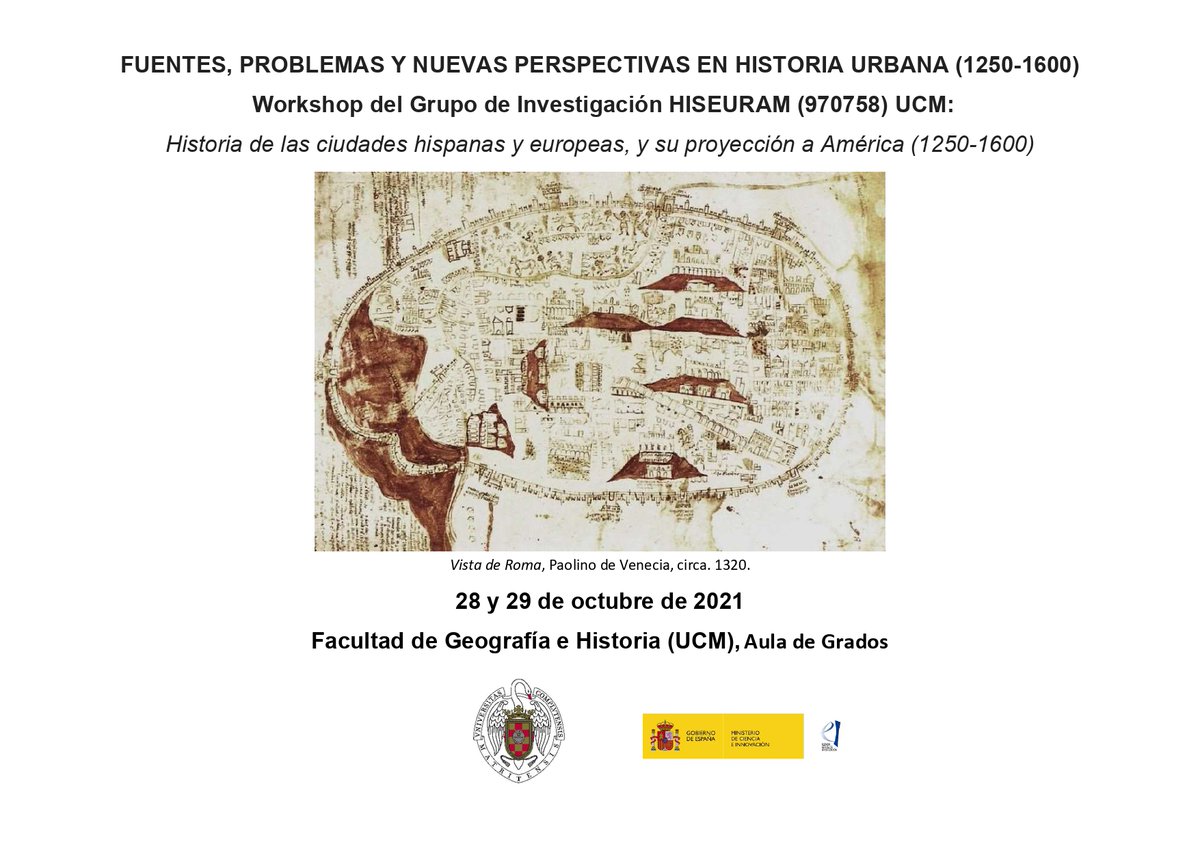 drmedievalist's tweet photo. Recordatorio: Mañana tiene lugar el workshop “Fuentes, problemas y nuevas perspectivas en historia urbana (1250-1600)” en @UCM_fghis salon de grados. Para participar en persona u online enviadme privado o escribidme al mail que señala el programa. ¡Os esperamos! #urbanhistory https://t.co/nA6QA0YMwB