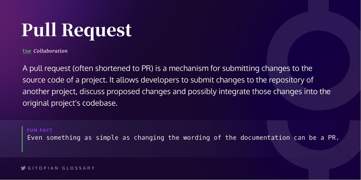 gitopiaDAO's tweet image. Gitopian Glossary #4

Pull Request 🧰

Read more: docs.gitopia.com/glossary

#WordOfTheDay #gitopia #GitopianGlossary