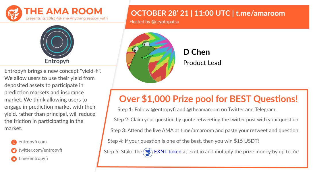 theamarom's tweet photo. Join @entropyfi with your host @cryptopatsu for another #AMA 🔥

⌚️Oct 28 | THU | 11:00 UTC
💰Over $1000 #Prize Pool
✔ QUOTE RETWEET this WITH your question to qualify!
📍https://t.co/F6PYTiRmIL

#EntropyfixTheAMARoom $ERP #AMARoom #Giveaway 

ℹ️ https://t.co/LemhQDePjW https://t.co/nKqsLAOifk