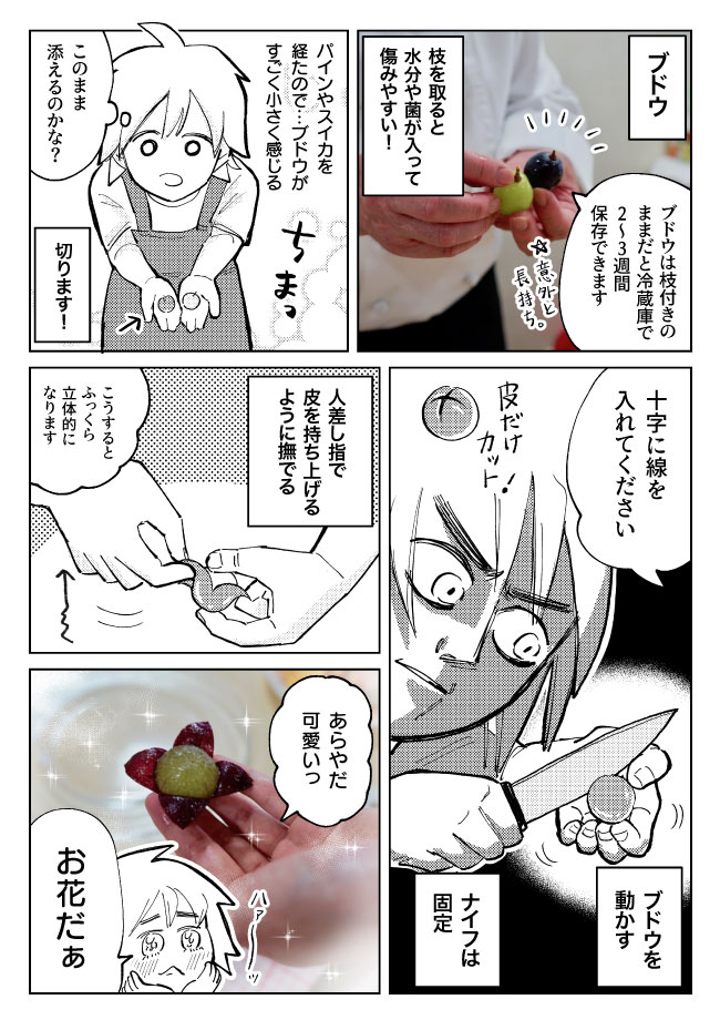 フルーツにこんな切り方あったんだ!というのを色々と教わってきた漫画です。キウイに芯があること知らなかったし、めちゃくちゃ尖ってて痛い。↓続きはこちらから

「【漫画】はじめてのフルーツカッティング(作:マッキン)」 https://t.co/nmwnEwASxn 