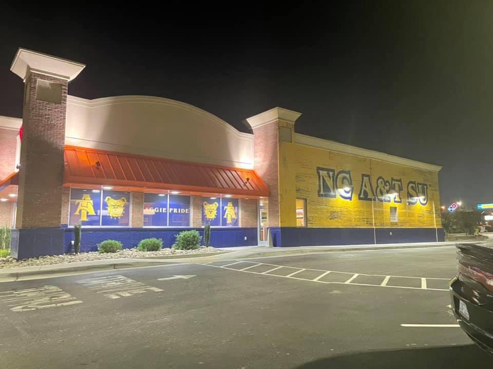 AWainwrightTV's tweet photo. #AggiePride is EVERYWHERE. 
Take a look at one of the local @Bojangles! #NCAT https://t.co/xpEhiBOD1n