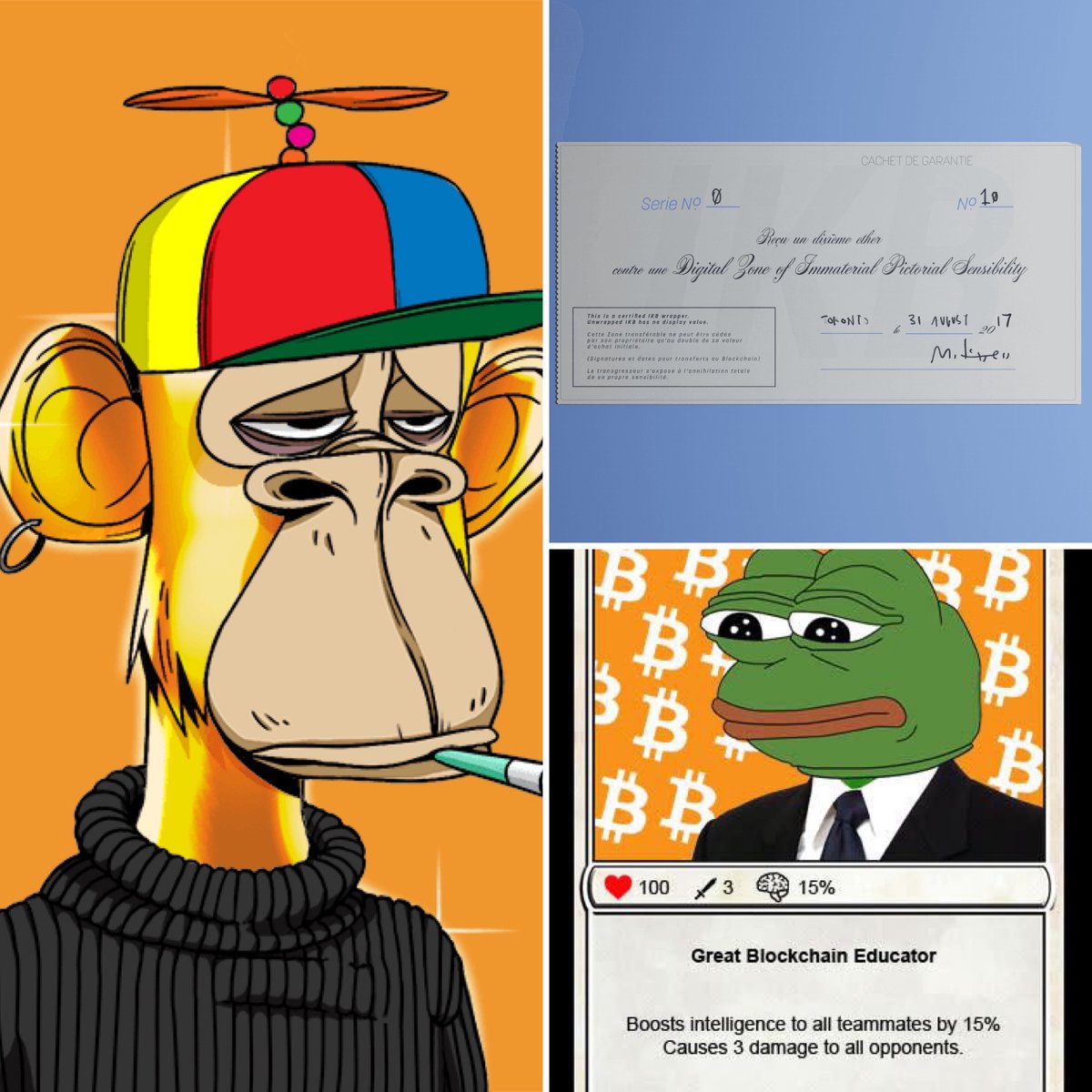 nabylc's tweet photo. Working hard on bringing together artists, collectors, &amp; uplifting the #NFTCommunity, + to the collection from the @sothebysverse  a very rare Gold @boredapeyc
 #8817, series 0 #IKB &amp; an extremely Rare Pepe PEPENOPOULOS” 🙏🏽 @j1mmyeth @mitchellfchan @tokenangels @michaelbouhanna https://t.co/hGIEO43oQy