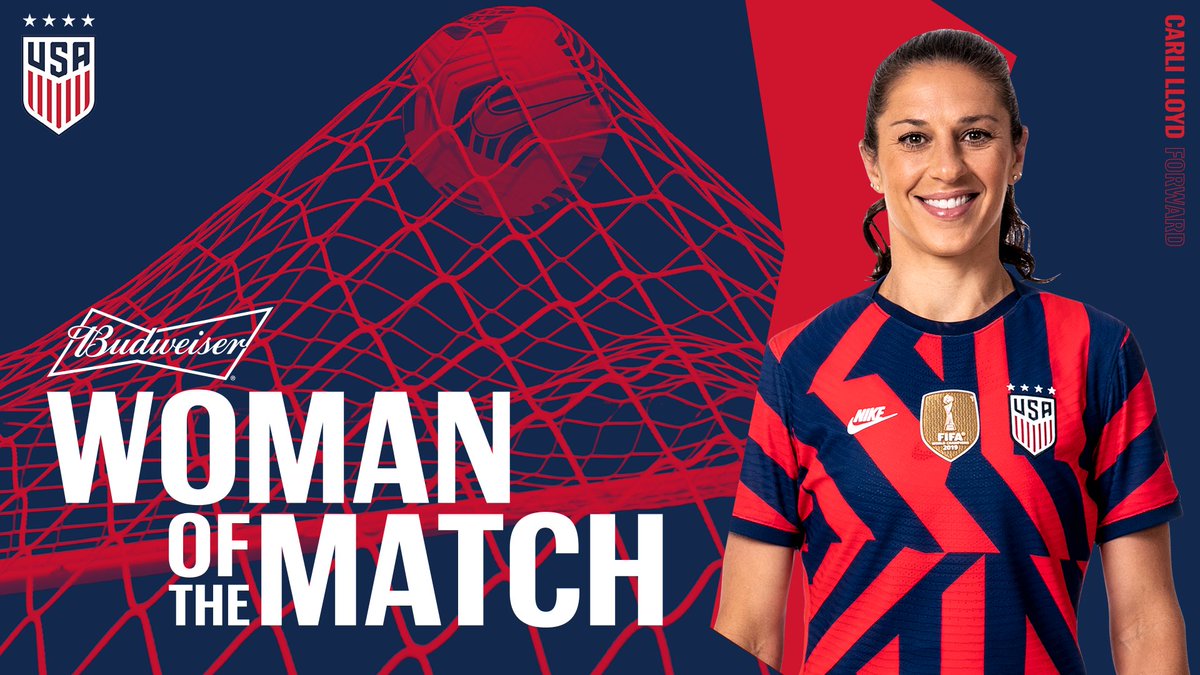 USWNT's tweet photo. A fitting farewell for a legend. 

Congratulations @CarliLloyd on being selected by U.S. Soccer Insiders as tonight's @BudweiserUSA Woman of the Match! 👏 https://t.co/FZpLYav7h7