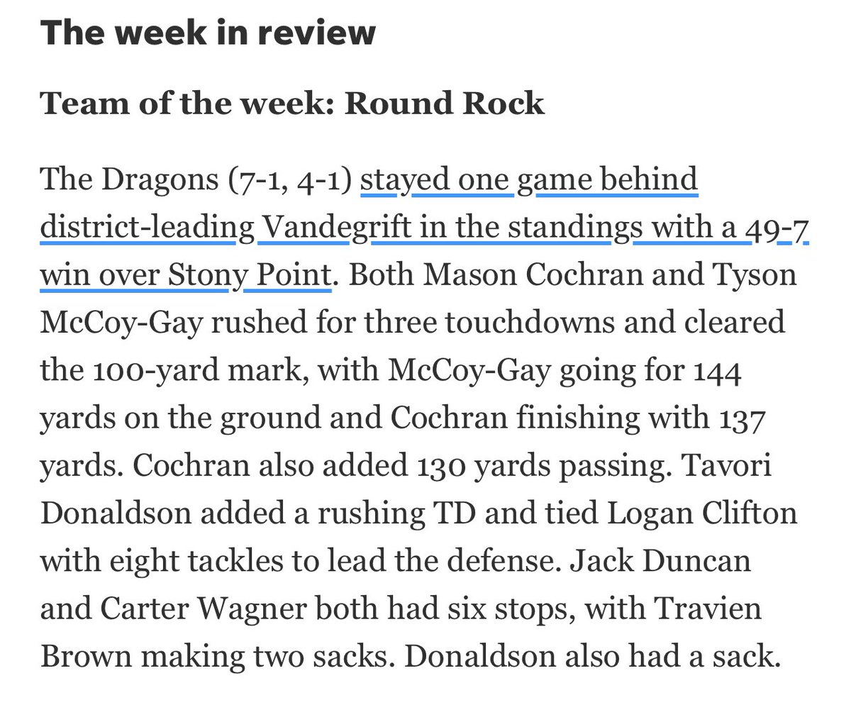 25-6A Team of the Week and congratulations <a href="/carter_wagner_/">Carter Wagner Midland University | LB/LS | 6’1 220</a> on the honorable mention <a href="/RoundRockFB/">Round Rock Football</a> <a href="/Tray_McCoy/">Tray'vian McCoy-Gay</a> <a href="/TavoriD02/">Tavori Donaldson</a> <a href="/loganclifton_/">Logan Clifton</a> <a href="/jack_Duncan44/">Jack Duncan</a> @trayybrown
