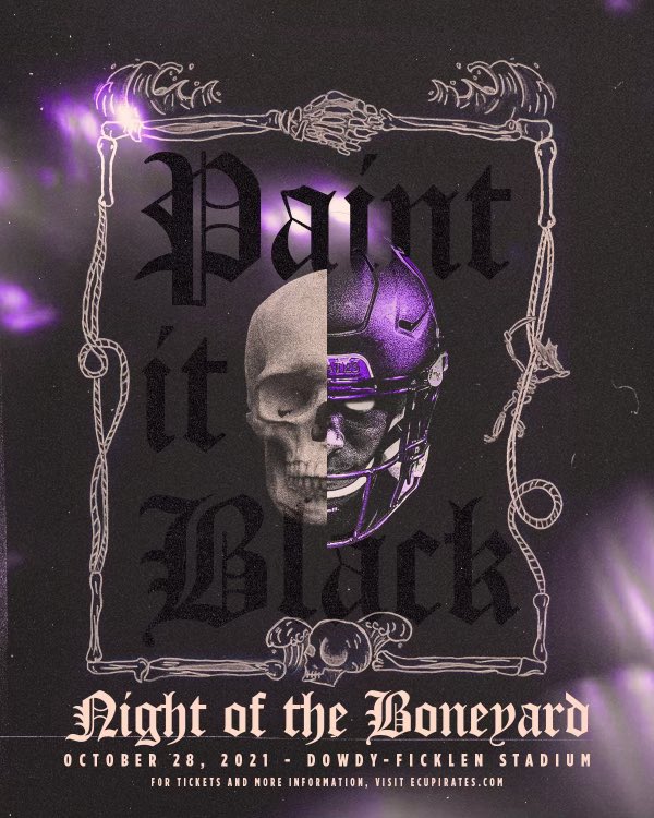 Students we need you more than ever this Thursday.  Let’s Paint It Black in Dowdy Ficklen!!  Please click the link and claim your ticket now!!Go Pirates!!!
bit.ly/3BmT0CR