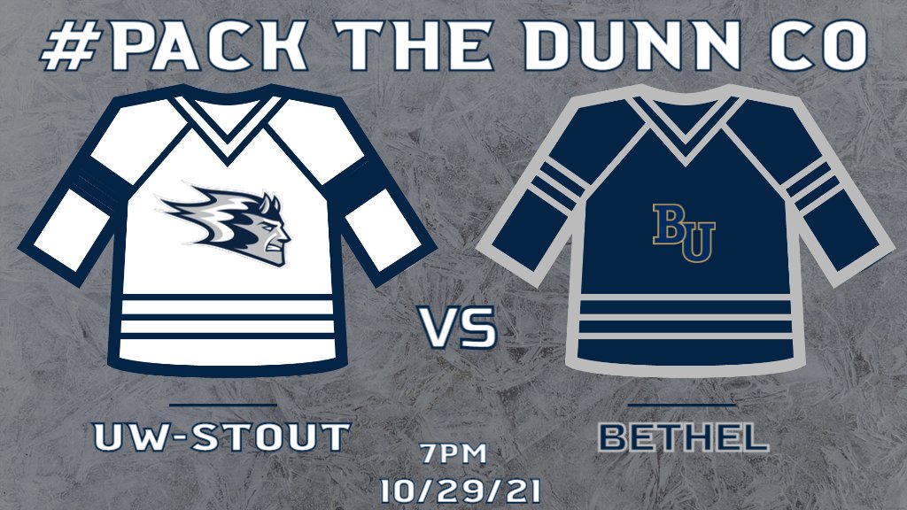 UWStoutHockey's tweet photo. On Friday  we are hosting our first home game with fans in 20 months! Come out and watch your Blue Devils take on Bethel. Puck drops at 7pm. #PackTheDunnCo https://t.co/BXoQYaEN7j
