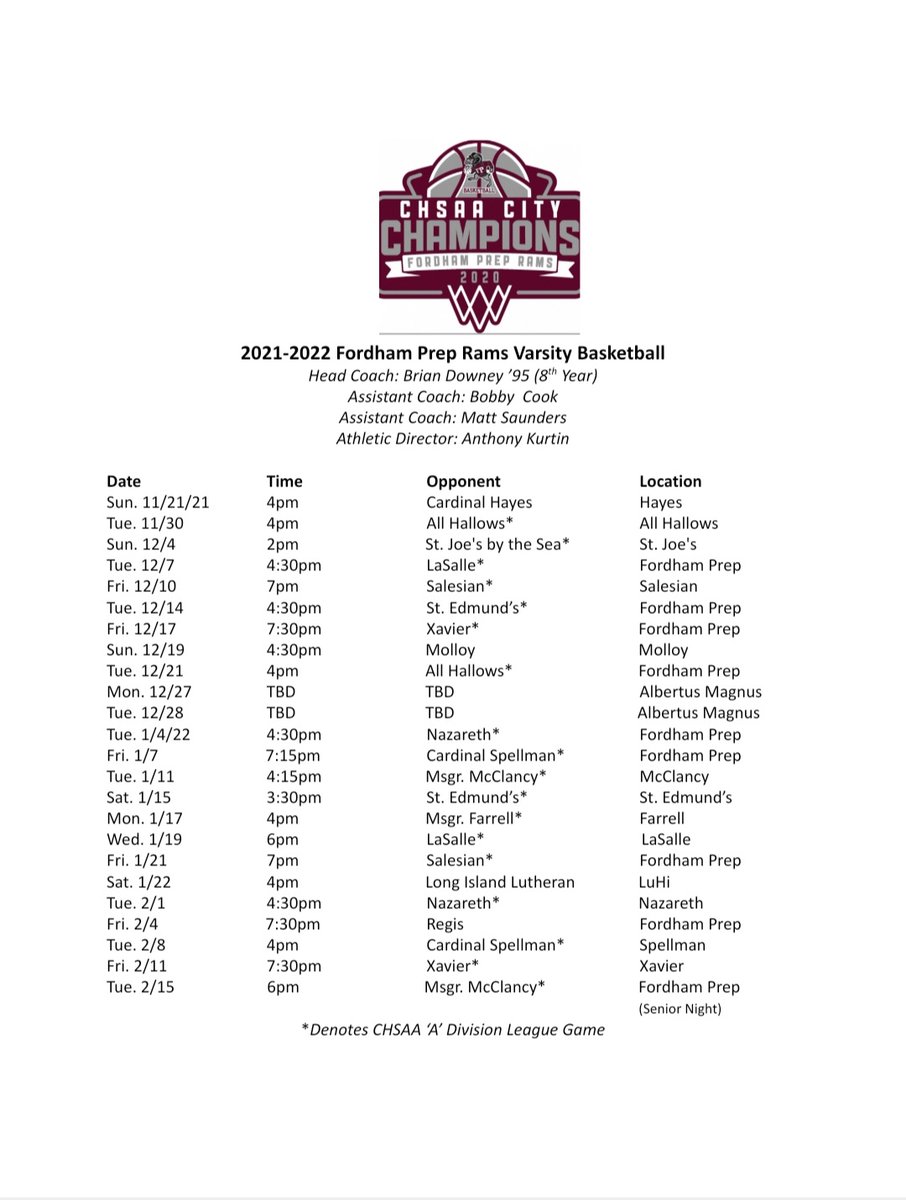 FP_Hoops's tweet photo. Official Schedule Release for your Defending 2020 CHSAA 'A' CITY CHAMPIONS! Not only do we have 18 of the most challenging Division games, but we mixed in Highly Ranked 'AA' powerhouses and our top ranked 'B' Jesuit rival! @FP_Sports @CHSAA_NYC  @patokeefe12 @NYCHoops_BReich https://t.co/xNjCMRG1QY