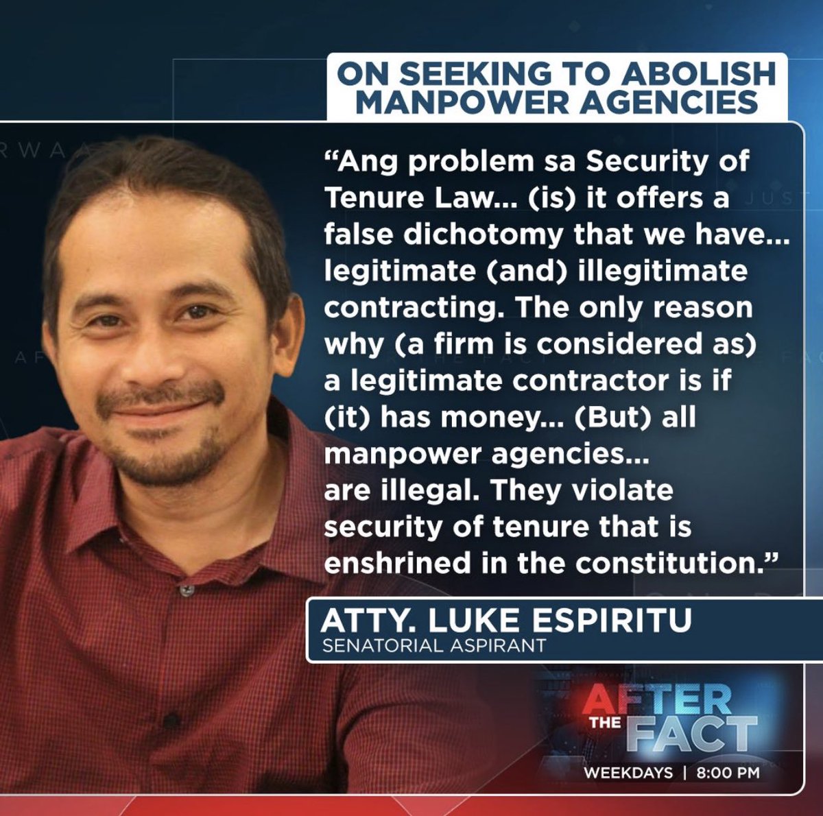 IanEsguerra's tweet photo. We tackled the labor agenda in the 2022 election campaign. Here is a concrete proposal from lawyer Luke Espiritu, whoβs running for senator under the ticket of @LeodyManggagawa and @WaldenBello
Watch #ANCAfterTheFact: https://t.co/KY858QFuma https://t.co/VdpkLk46A2