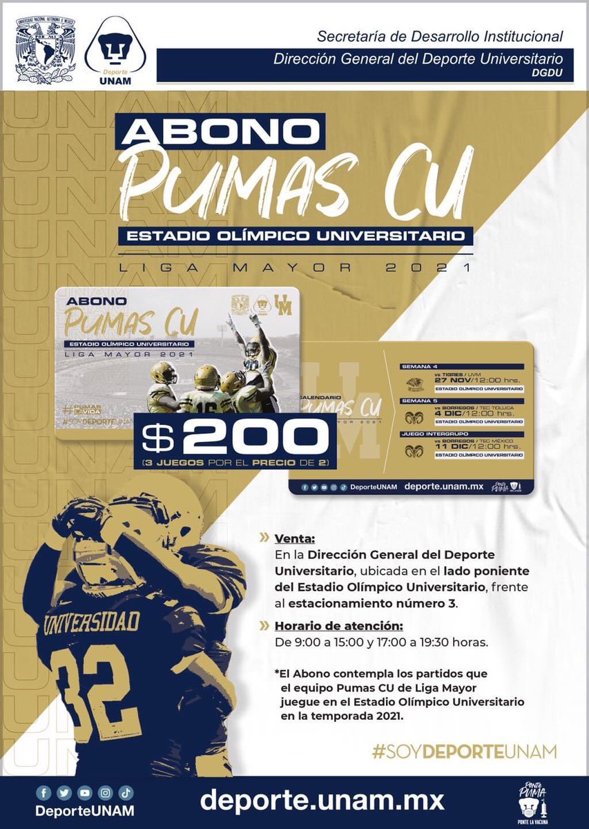 Ya está a la venta el abono para los partidos de  <a href="/PumasCU_fba/">Pumas CU FBA</a> 
👉🏼 Estadio Olímpico Universitario 🏟

#PumasLaVida #GoyaUniversidad

<a href="/Tercer_Cuarto/">Tercer Cuarto</a> <a href="/ParrillerasMx/">Las ParrillerasMx</a> <a href="/ImagenSports/">Imagen Sports</a> <a href="/PUMASCUfanbase/">PUMAS.CU.FANBASE</a> <a href="/TSVideoMX/">TSVideo</a> <a href="/sorianoaaron/">Aaron Soriano</a> <a href="/receptorcommx/">receptor | Futbol Americano🏈🏟</a>