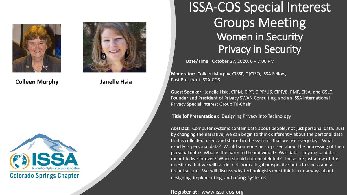 COSISSA's tweet image. ISSA-COS Privacy in Security and Women in Security Special Interest Groups Webinar - TOMORROW!!!

Date: Wed, October 27, 2021, 6 – 7 PM

Registration: eventbrite.com/e/october-2021…