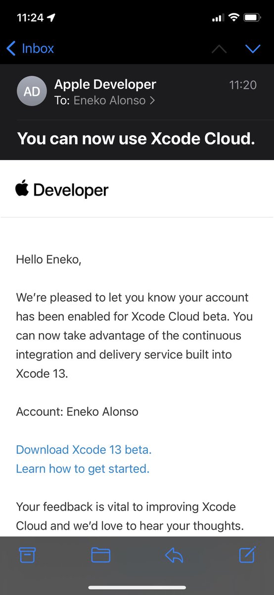 eneko's tweet image. Got this email from Apple yesterday 🎉 Looking forward to try it. 
#xcodecloud