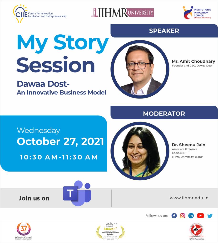 dawaadost's tweet photo. Join the session to know more about the story of Dawaa Dost and the man behind it on Wednesday October 27 10:30 am -11:30 am#dawaadost 
#dawaadoststory #IIHMRUniversity #innovativebusinessmodel #dawaadostjaipur #amitchoudhary #founderdawaadost
#medwiki
#startupIndia
#digitalIndia https://t.co/ultesLCSCc