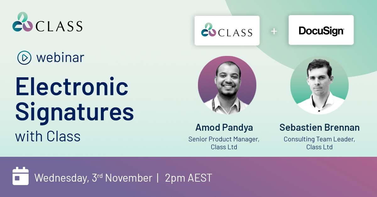 Discover how you can accelerate your business with #ElectronicSignatures at #Class with a one-hour #webinar hosted by our Senior Product Manager and Consulting Team Leader. We will showcase the latest Class #integration with <a href="/DocuSign/">Docusign</a>.

Register Now: bit.ly/2ZcNJRv