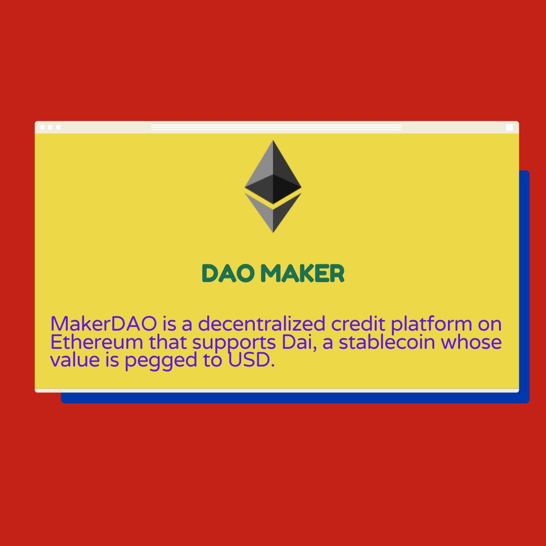 MakerDAO is a decentralized credit platform on Ethereum that supports Dai, a stablecoin whose value is pegged to USD.