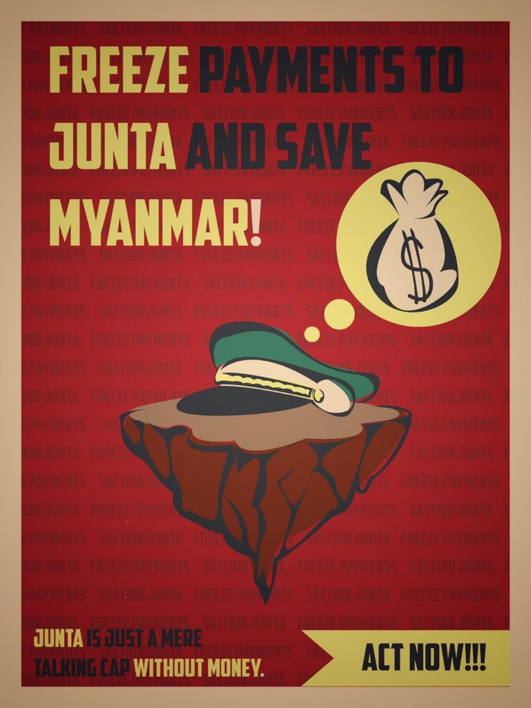 hmaburma's tweet photo. Freeze the Terrorist Junta Income
Cut off the junta’s access to international business
Stop paying to crime against humanity
#မြန်မာပြည်ကိုကယ်တင်ရေး_စစ်ကောင်စီကိုငွေမပေး

https://t.co/6d91pHvCeY

#BloodMoneyMyanmar
#StopPayingToJunta
#FreezeDollarToJunta
#GSCB https://t.co/8BYv6HbbLC