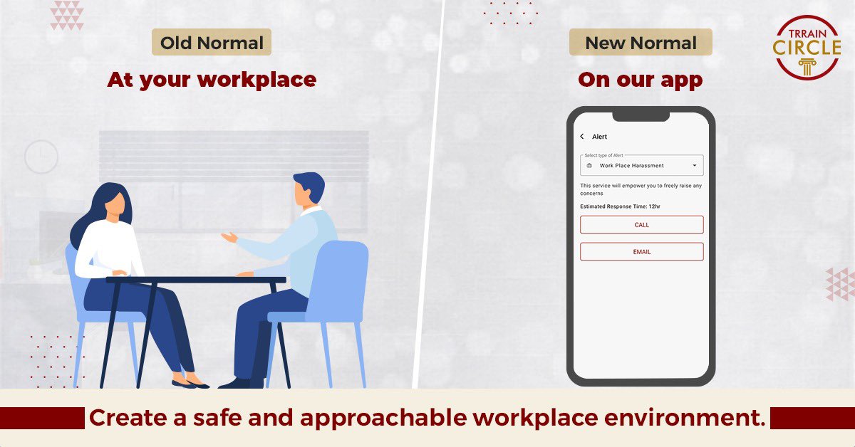 TRRAINCircle's tweet photo. Employees may feel hesitant and uncomfortable to discuss #WorkplaceHarassment openly. 

#TRRAINCircle app provides a platform for them to register a complaint whenever they see or go through such a scenario. 

Write to info@trraincircle.com to know more. 

#POSH #OldVsNewNormal https://t.co/iyEka1diuz
