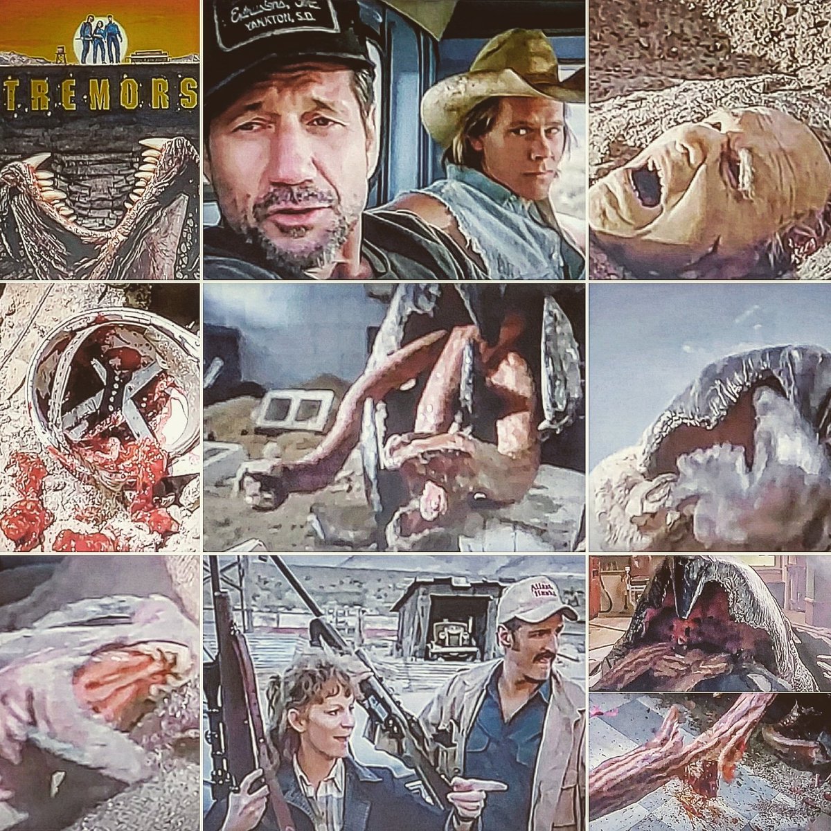 owikj's tweet photo. #octoberhorrormoviechallenge #31horrorfilms31days ๐๐ผ๐ฟ๐ป Day 27: #tremors
#michaelgross #gunlovingpatriot #burtgummer #kevinbacon #fredward #handymen #wormmonsters #sandworms #graboids #severedhead #brainpieces #rebamcentire #bloodandgore #nevada #ronunderwood https://t.co/Wzbi428YeW