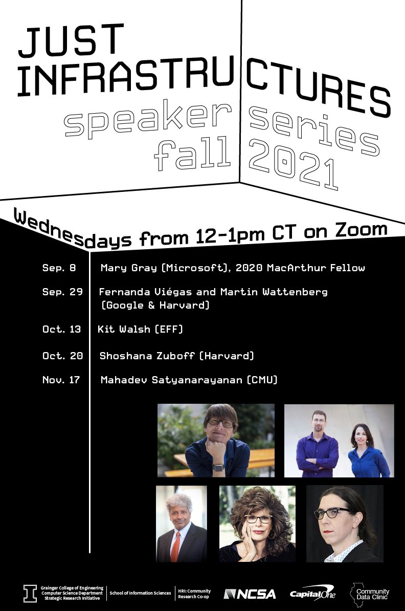 TODAY/Wed. 10/27 at 12pm CT - <a href="/shoshanazuboff/">Shoshana Zuboff</a>'s 
<a href="/just_infras/">Just Infrastructures</a> talk “The Age of Surveillance Capitalism”will be live streamed! Register at just-infras.illinois.edu to join the event. Thx to <a href="/iSchoolUI/">iSchool at Illinois</a> <a href="/uofigrainger/">The Grainger College of Engineering</a> @IllinoisCS <a href="/communitydata_/">Community Data Clinic</a> &amp; co-organizers <a href="/kkarahal/">Karrie Karahalios</a> <a href="/indygupta/">Indranil Gupta</a>!