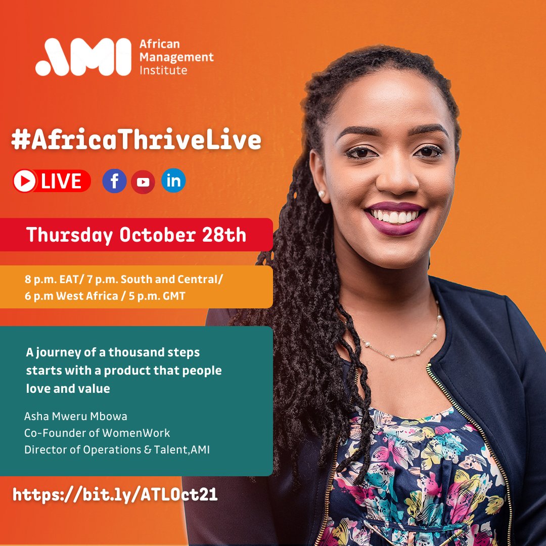 africamanager's tweet photo. This Thursday on #AfricaThriveLive, we have the pleasure of hosting our very own @AshaMweru, the Director of Operations and Talent as well as the Co-Founder of @WomenWorkKe. Join the broadcast live on our AMI Facebook, LinkedIn, &amp; YouTube pages tonight.https://t.co/qsgMoYqQT4 https://t.co/YNQUVNurBD