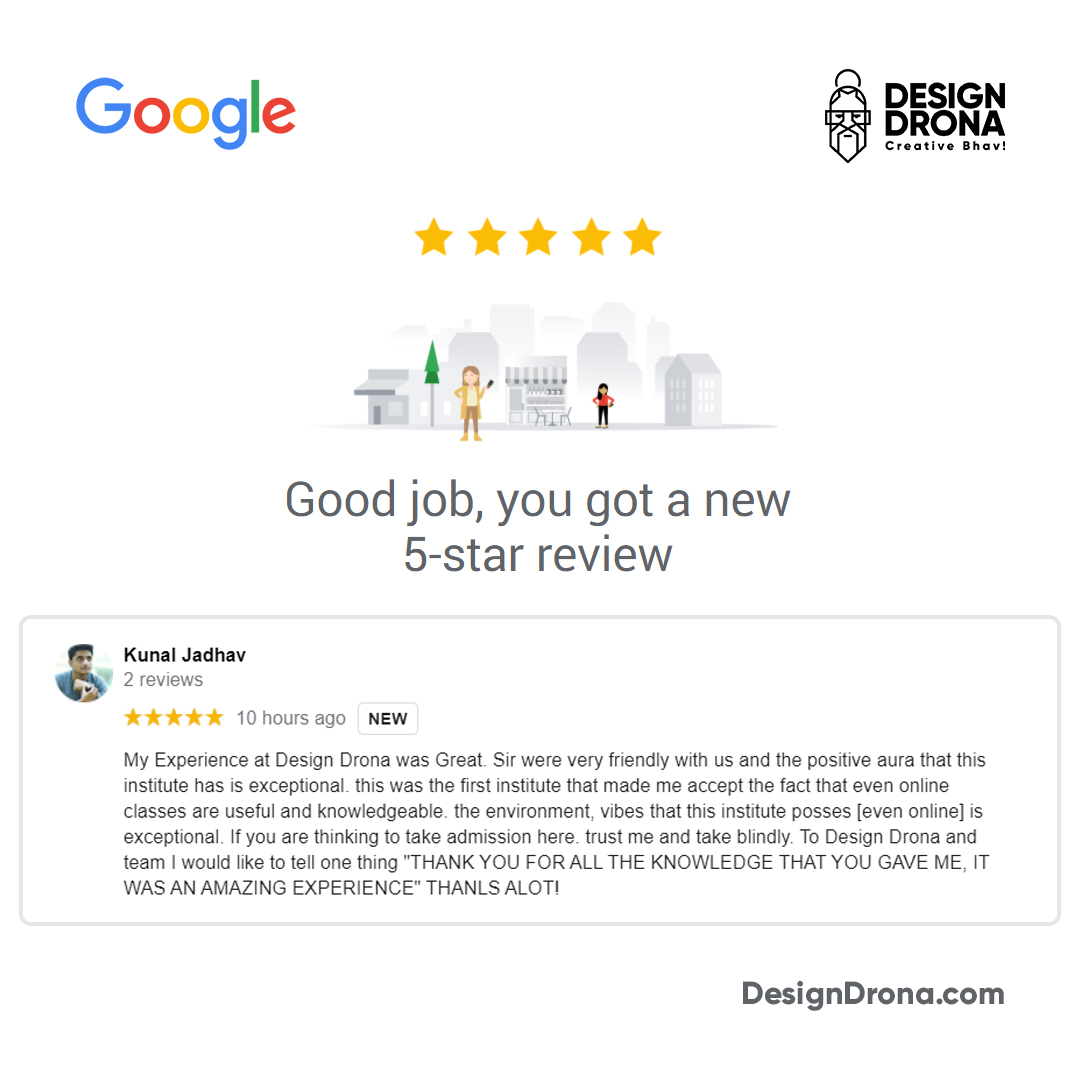 DesignDrona's tweet photo. Another achievement by Design Drona team. Got 5 star review from our student. Thank you, Kunal for the golden words. 
For course details, visit: https://t.co/5qYGhyRYHq

#designdronareview #designdrona #designdronainstitutereview #googlereview #designdronagooglereview https://t.co/uk7gWxJ8d2