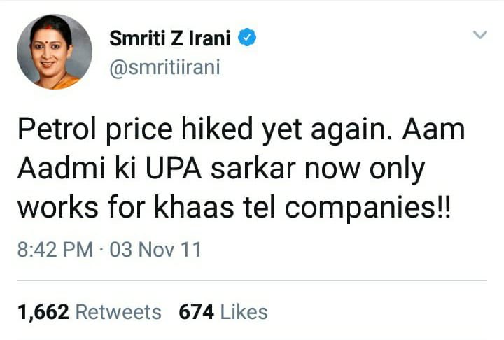 DrAMSinghvi's tweet photo. Tweet of Mantri Ji from a decade back, when petrol prices increased marginally by a few paise.

Didn't someone from her own party stress -  हिपोक्रेसी की भी सीमा होती है! 

#पेट्रोल_की_आग_मोदी_भाग https://t.co/Jj7ODofMki