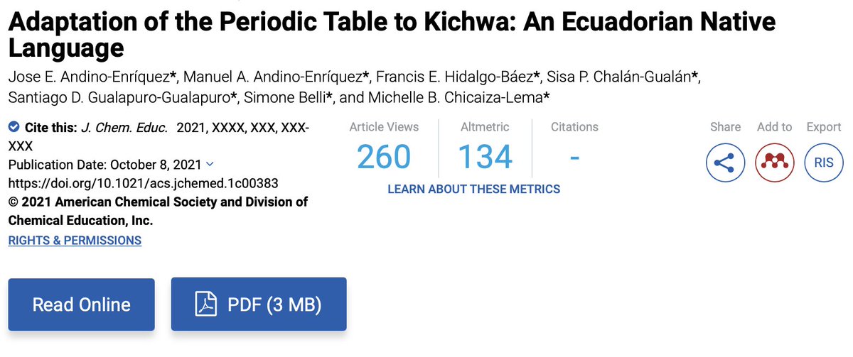 Es una realidad. Se hace ciencia en Kichwa!🧬🧪👩🏻‍🔬👨🏻‍🔬🇪🇨
La primera investigación científica donde el Kichwa esté involucrado como pilar fundamental. 
Para hacer lo conocido lo desconocido. 
Por una ciencia más inclusiva. 
#scienceforkichwa
#scienceinkichwa
doi.org/10.1021/acs.jc…