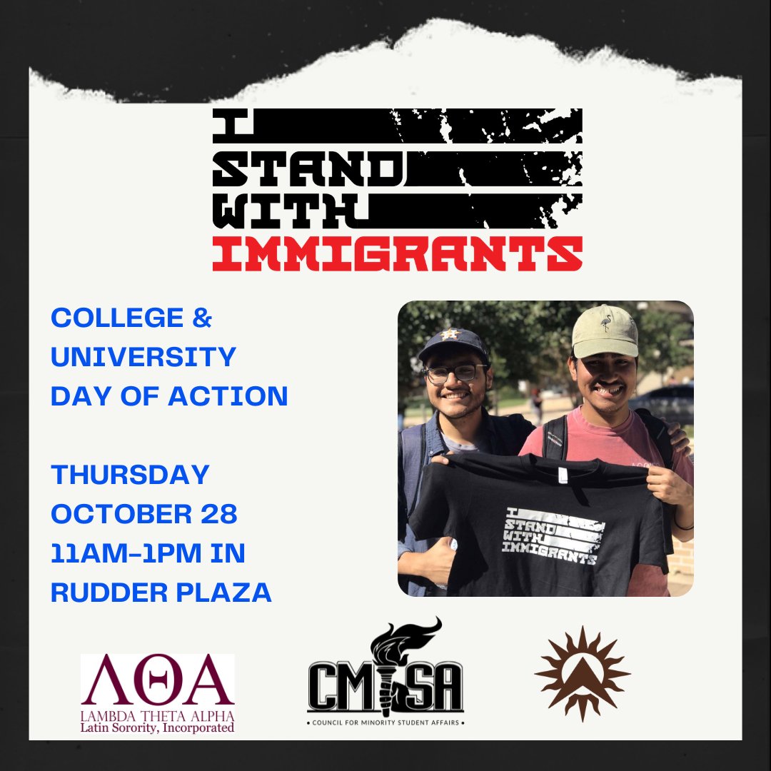 #iStandWithImmigrants Day is here! 🦋Stop by Rudder Plaza this Thursday to show your support for immigrants! First 50 visitors get a FREE T SHIRT! 🤠
