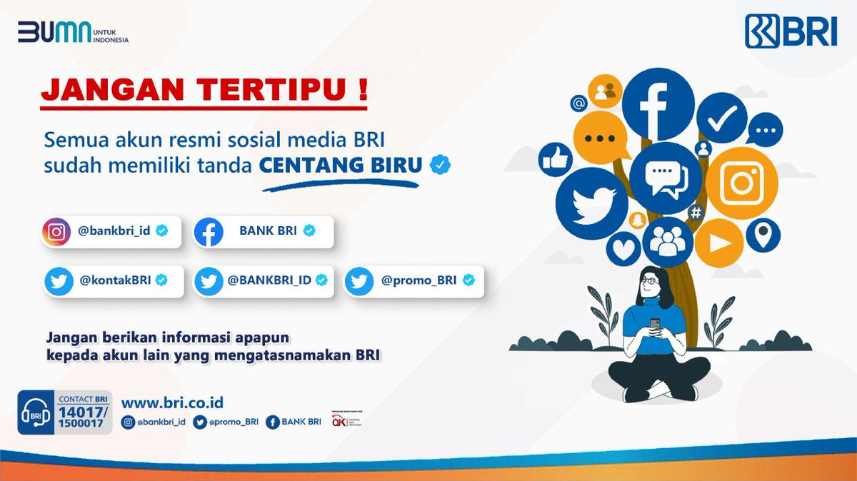 kontakBRI's tweet photo. Sobat BRI. Hati-hati terhadap akun palsu yang mengatasnamakan BRI, jangan pernah klik Link atau tautan yang dikirimkan oleh akun palsu. Akun resmi BRI hanya yang bercentang biru (Verified).

#BRIEdukasi https://t.co/44aZFP9nDB