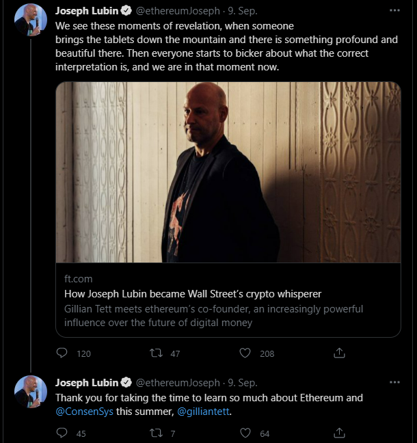 Leerzeit's tweet photo. I mean the man - Lubin - the founder of Ethereum and Consensys himself retweets and thanks for an article describing how ConsenSys is funded mainly by sales of Ethereum / Ether. What more do you need to investigate this? @SECGov 
https://t.co/0WmiaSEOAC https://t.co/GJ9Z11VubJ