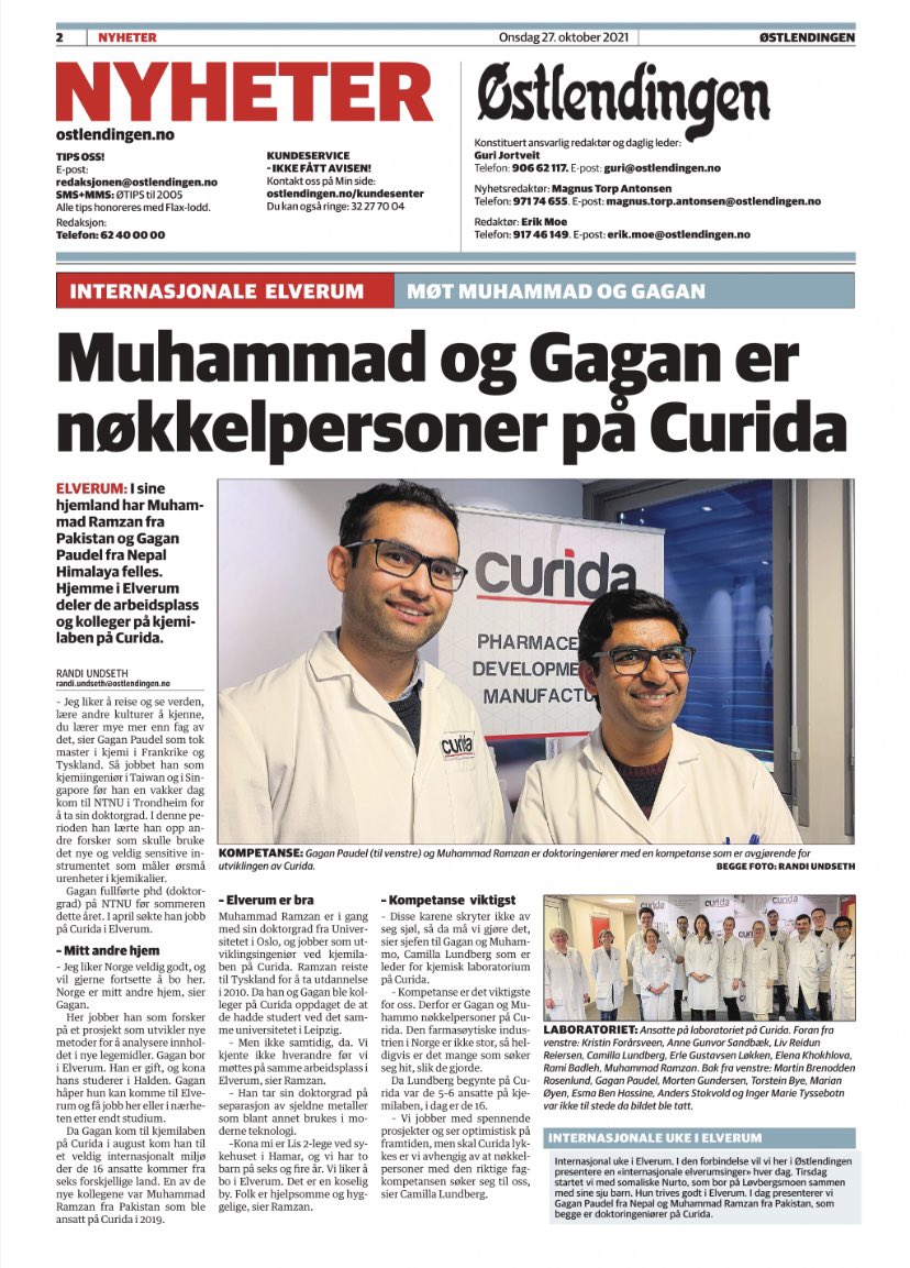 CuridaNO's tweet image. På fabrikken vår i Elverum er vi 14 ulike nasjonaliteter. Det er vi stolte av. Det gjør oss bedre. Vi bygger ny industri i Norge, og da trenger vi å tiltrekke oss flinke folk fra hele verden. Les mer om Muhammad, Gagan og den flotte gjengen på kjemisk lab i @ostlendingen onsdag.