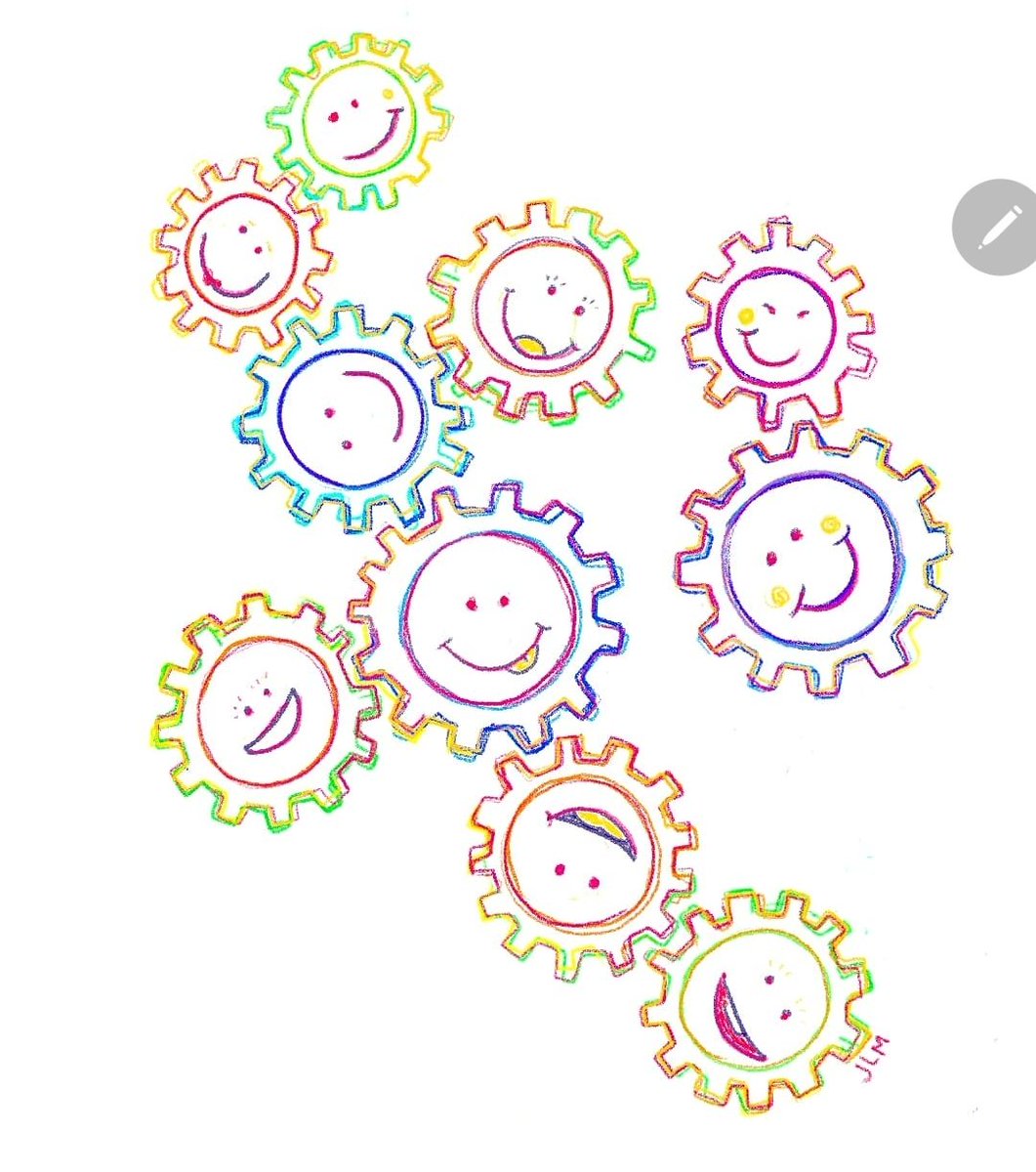 This piece is inspired by a vision my dad had at a drum circle where he envisioned us all as little gears; connected and unified. This is what I imagined that to look like :P
🌈⚙️
#connect #inktoberconnect #gears #illustration #weareallconnected #smileyfaces #rainbow #colorwheel
