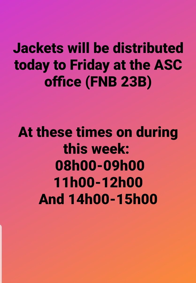 WitsASC's tweet photo. Have you collected your jacket yet? This is the last distribution of jackets ... come get yours https://t.co/Q5v7PZ9LaQ