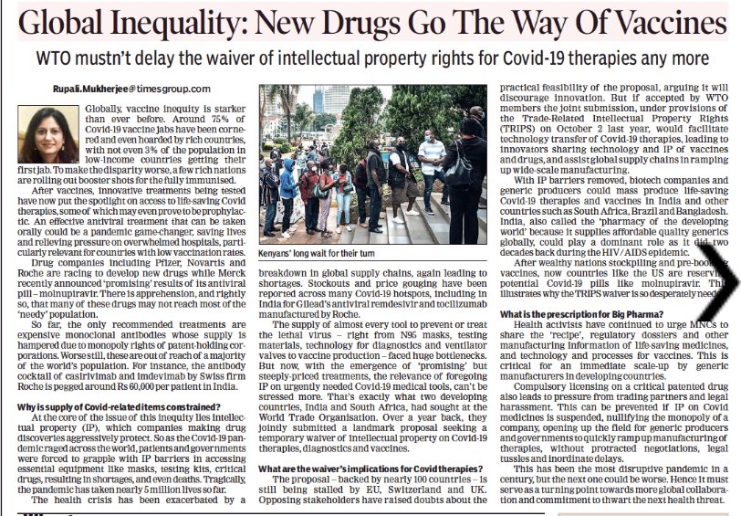 As #Covid_19 raged globally, govts grappled with #IP in accessing essential equipment:masks, testing kits, critical #drugs, #vaccines, resulting in shortages. In the absence of a #TRIPSwaiver, access of life-saving pills is now a risk & may worsen #healthinequity: my edit piece