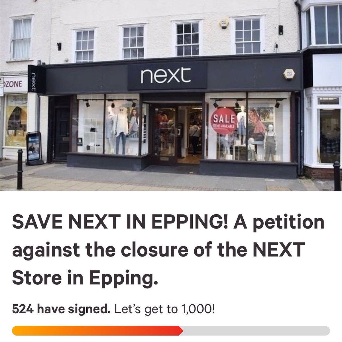 HollyLWhitbread's tweet photo. More than 500 signatures in less than 12 hours in opposition to the closure of the @nextofficial store in #Epping High Street. 

✍️Sign the petition here: https://t.co/Oc5lV4fra8

#savenextepping https://t.co/vLVWid2xqp