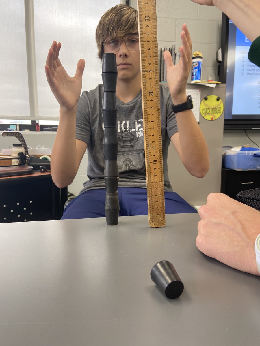 bwright_13's tweet photo. Chemistry students finished up #molympics21 last Friday by building rubber stopper towers and finding how tall a mole of stoppers is (hint: really tall!). We had a great week celebrating #MoleDay2021 and developing our skills performing calculations with moles! #ccbison https://t.co/G1xX9mJiKY