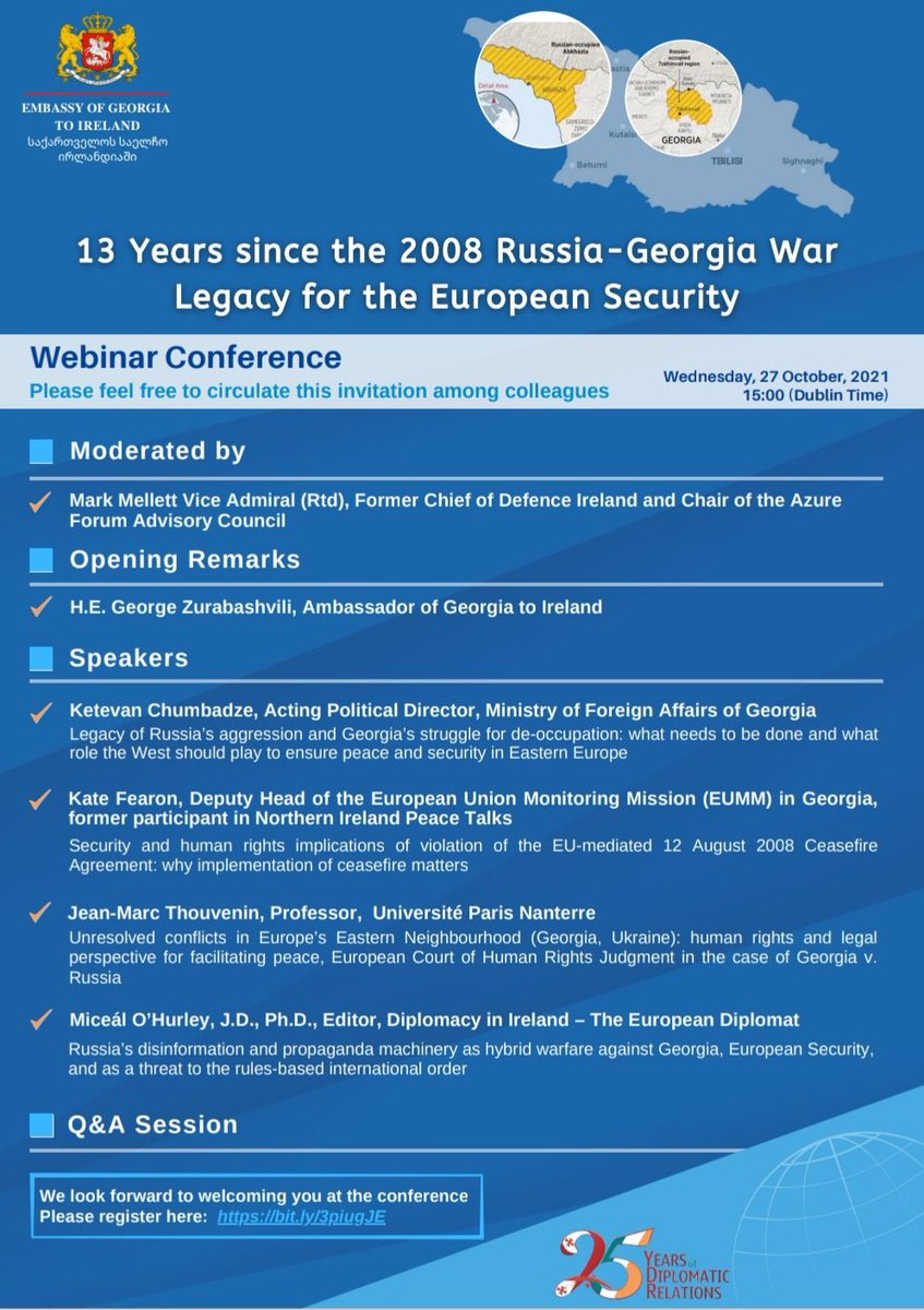 ZurabashviliGe's tweet photo. You are kindly invited to attend web-conference today 3pm (Dublin Time) via https://t.co/a7BL87tz2m amazing line up of excellent speakers @KChumbadze @MFAgovge Kate Fearon @EUMMGeorgia Prof Jean-Marc Thouvenin Dip journalist Miceal O'Hurley moderated by Vice Admiral @mark_mellett https://t.co/QSe7RBVL3K
